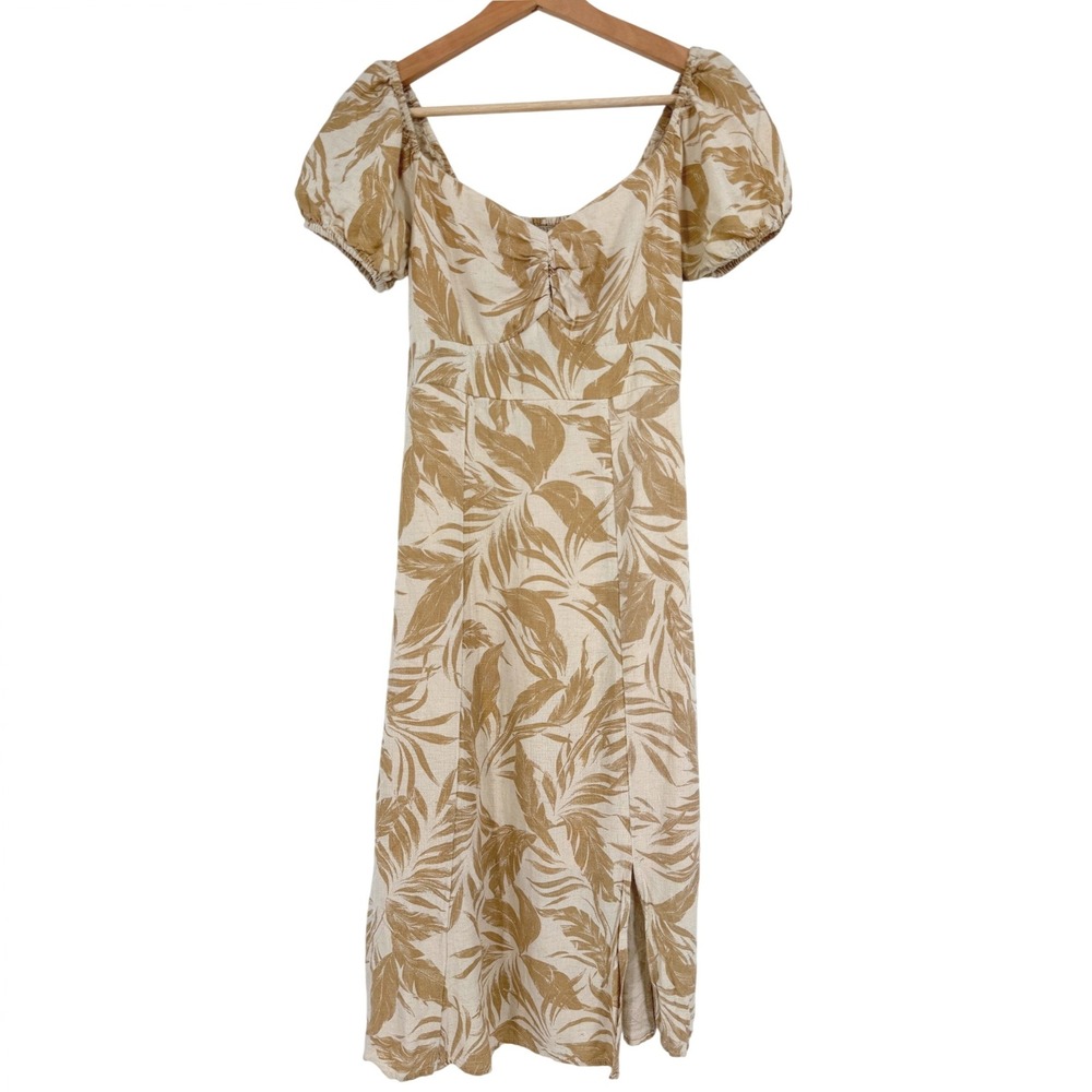 Jessica Simpson Women's Tan Palm Leaf Puff Sleeve Linen Blend Midi Dress Sz S